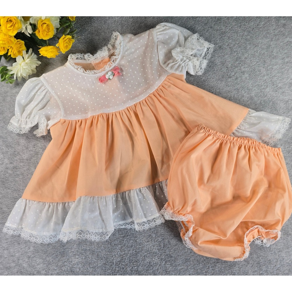 Vintage 80s Baby Girl Orange Peach Lace Dress Bloomer Set Ruffle Size 6-12m